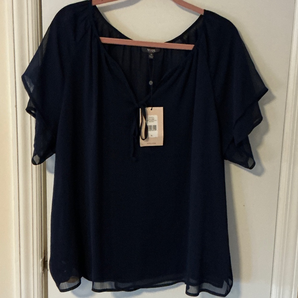 NYDJ Deep Blue Blouse with Tie-Front XL